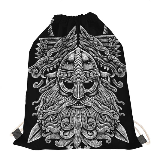 Black And White Odin With Wolfs Print Drawstring Bag