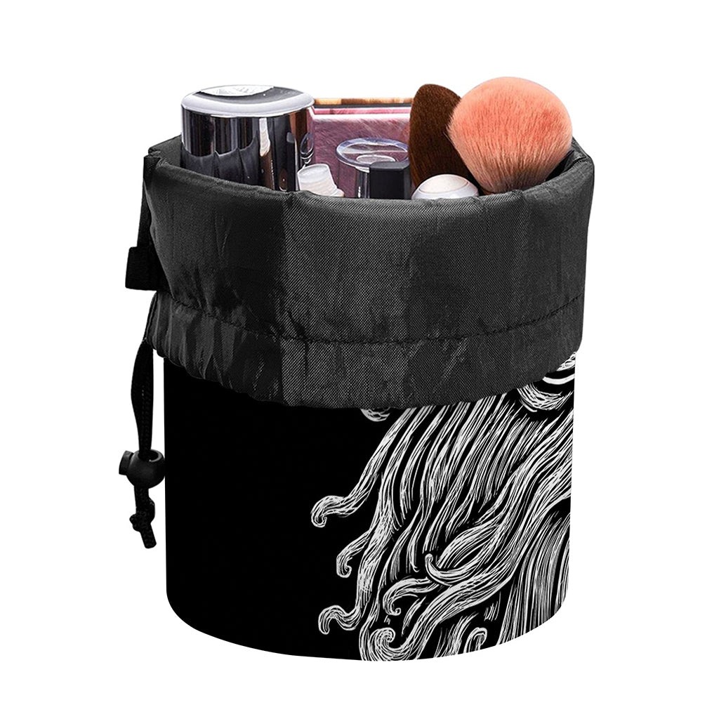 Black And White Odin With Wolfs Print Drawstring Makeup Bag