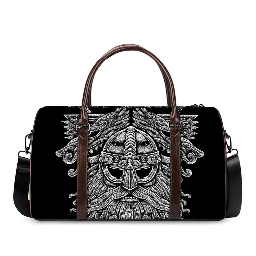 Black And White Odin With Wolfs Print Duffle Bag