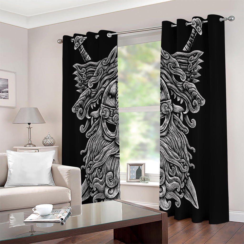 Black And White Odin With Wolfs Print Extra Wide Grommet Curtains