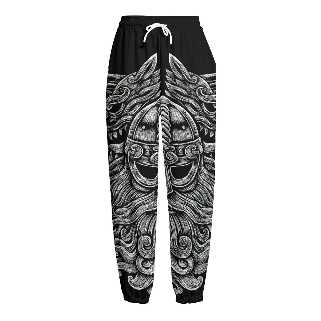 Black And White Odin With Wolfs Print Fleece Lined Knit Pants