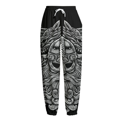 Black And White Odin With Wolfs Print Fleece Lined Knit Pants