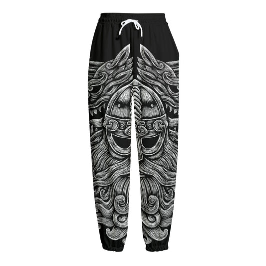 Black And White Odin With Wolfs Print Fleece Lined Knit Pants