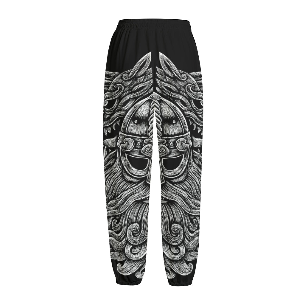 Black And White Odin With Wolfs Print Fleece Lined Knit Pants