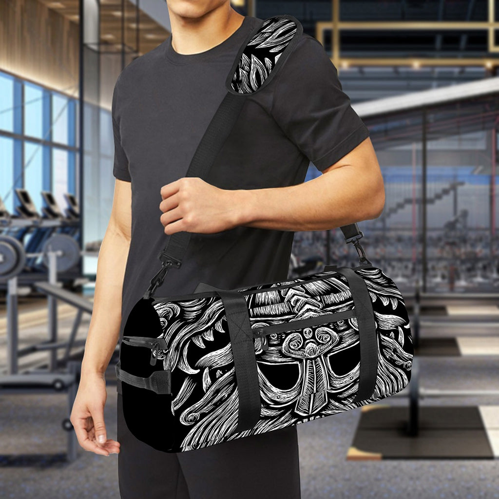 Black And White Odin With Wolfs Print Gym Bag