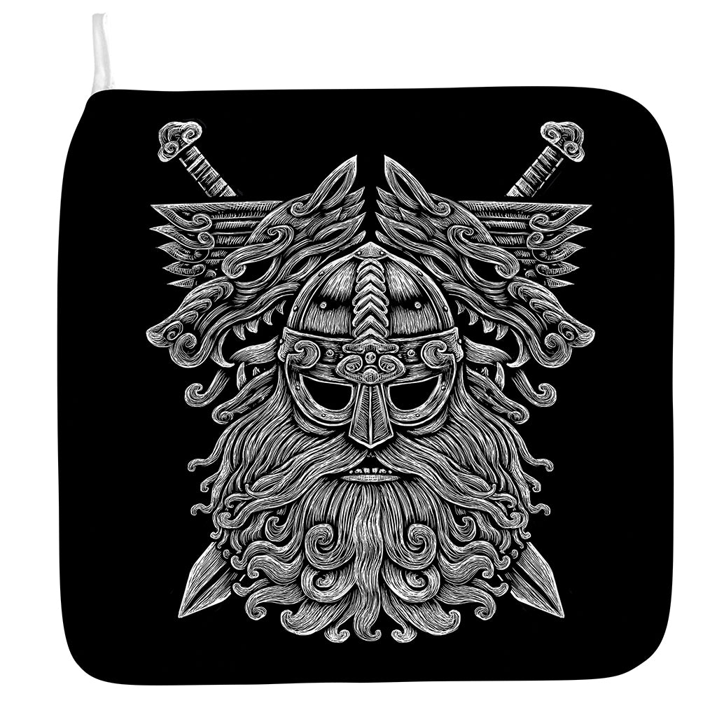 Black And White Odin With Wolfs Print Hand Towel