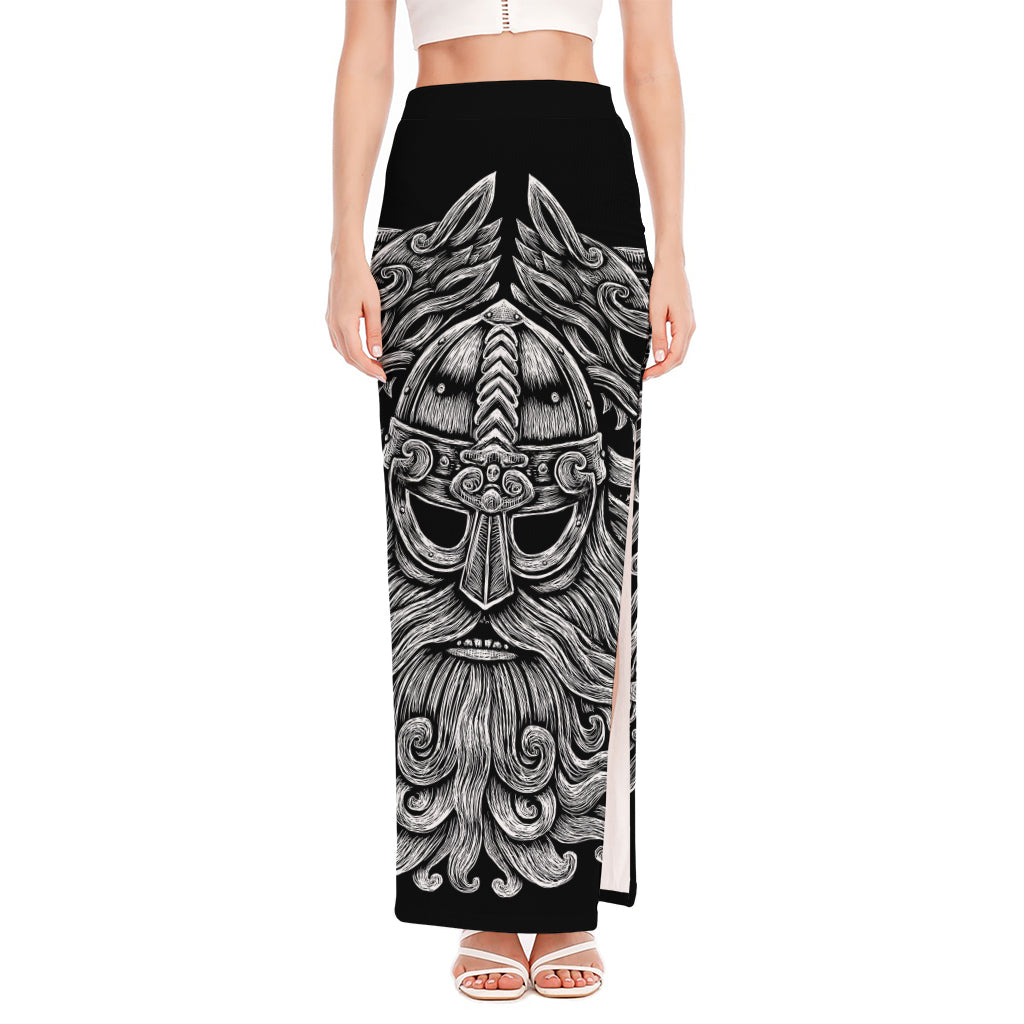 Black And White Odin With Wolfs Print High Slit Maxi Skirt