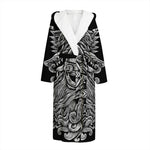 Black And White Odin With Wolfs Print Hooded Bathrobe