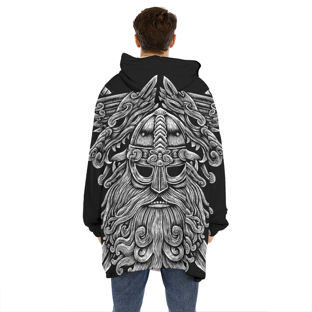 Black And White Odin With Wolfs Print Hoodie Blanket