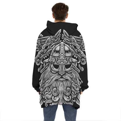 Black And White Odin With Wolfs Print Hoodie Blanket