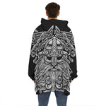 Black And White Odin With Wolfs Print Hoodie Blanket