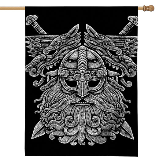 Black And White Odin With Wolfs Print House Flag