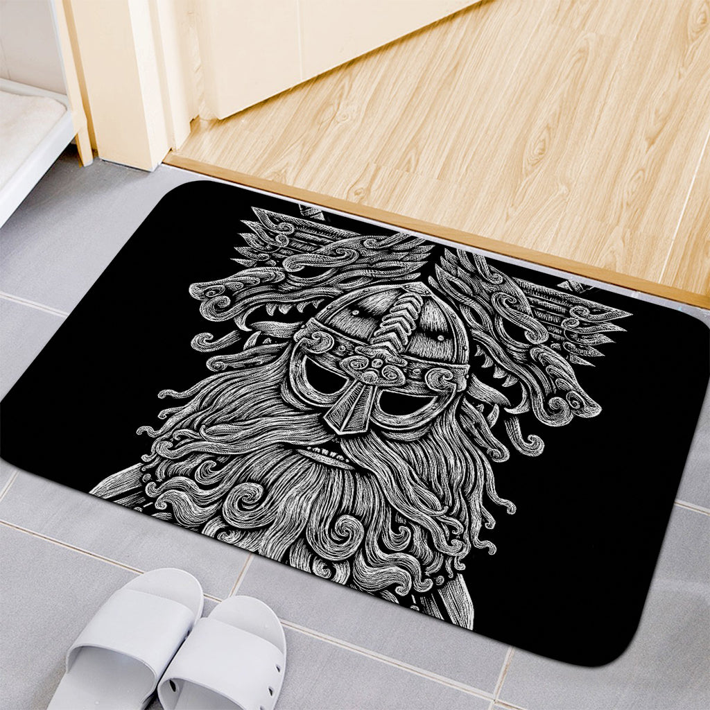 Black And White Odin With Wolfs Print Indoor Door Mat