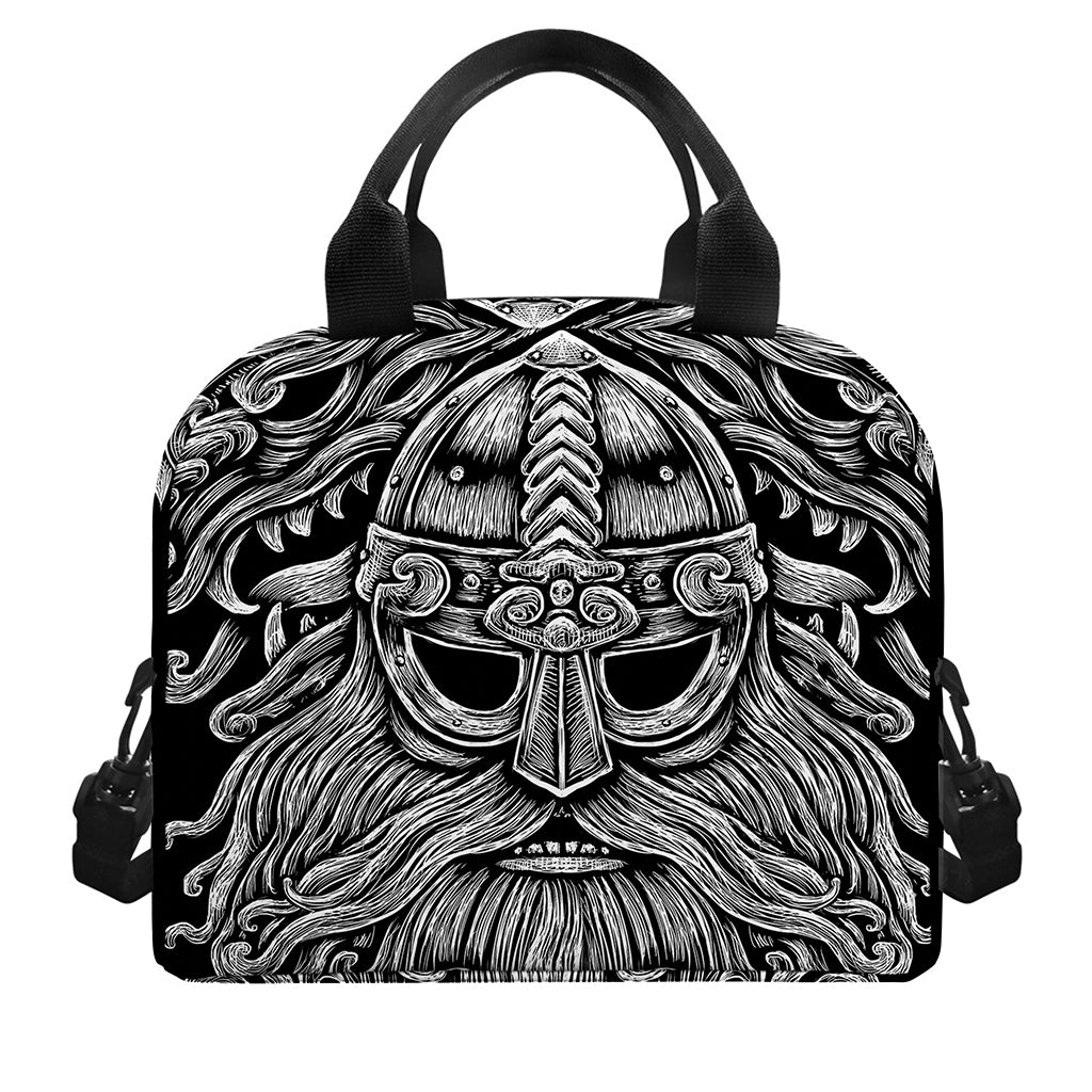 Black And White Odin With Wolfs Print Insulated Lunch Bag