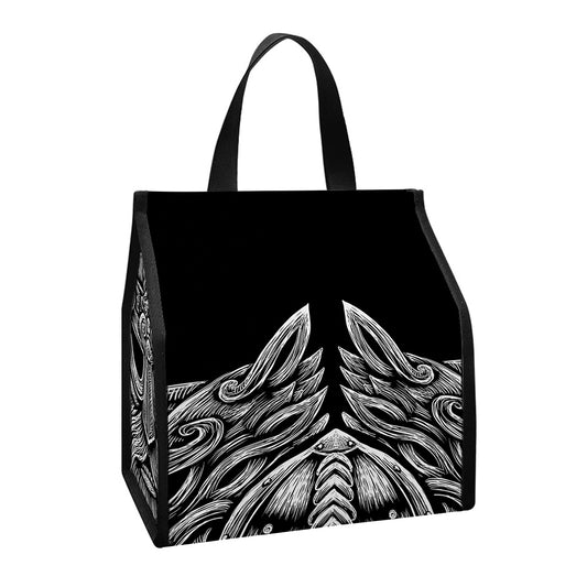 Black And White Odin With Wolfs Print Insulated Lunch Tote