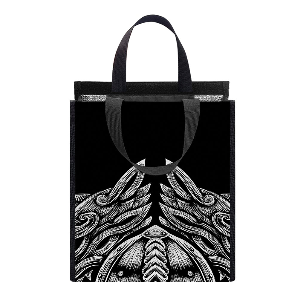 Black And White Odin With Wolfs Print Insulated Lunch Tote