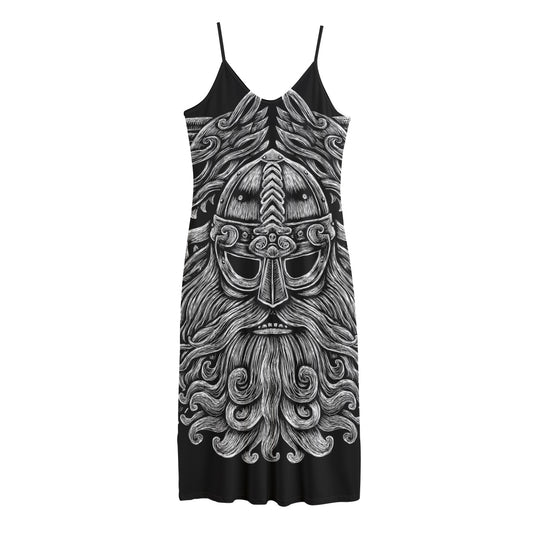 Black And White Odin With Wolfs Print Jersey Midi Cami Dress