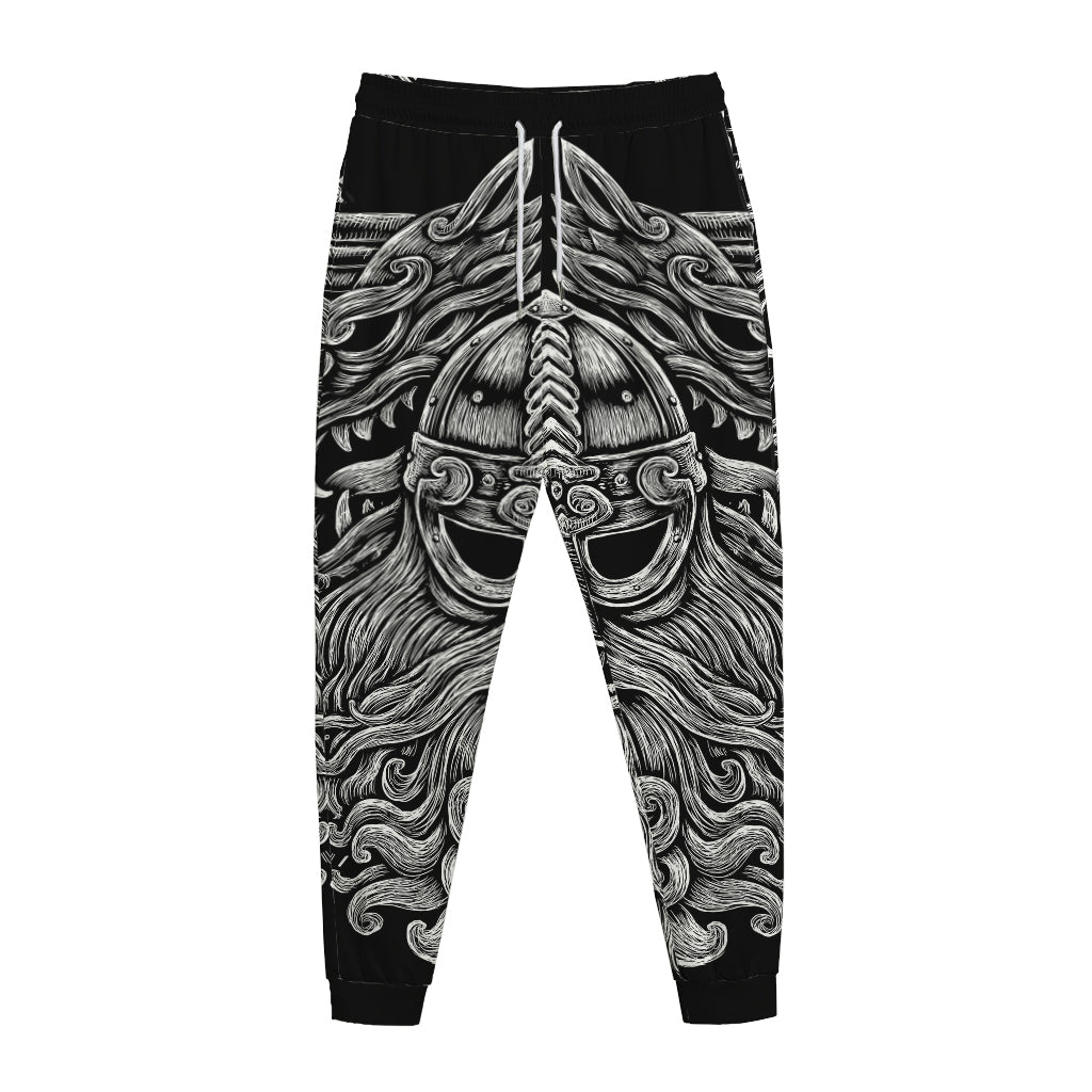 Black And White Odin With Wolfs Print Jogger Pants