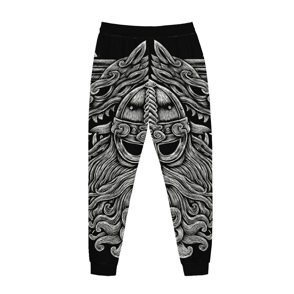 Black And White Odin With Wolfs Print Jogger Pants