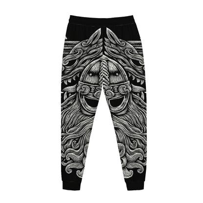Black And White Odin With Wolfs Print Jogger Pants