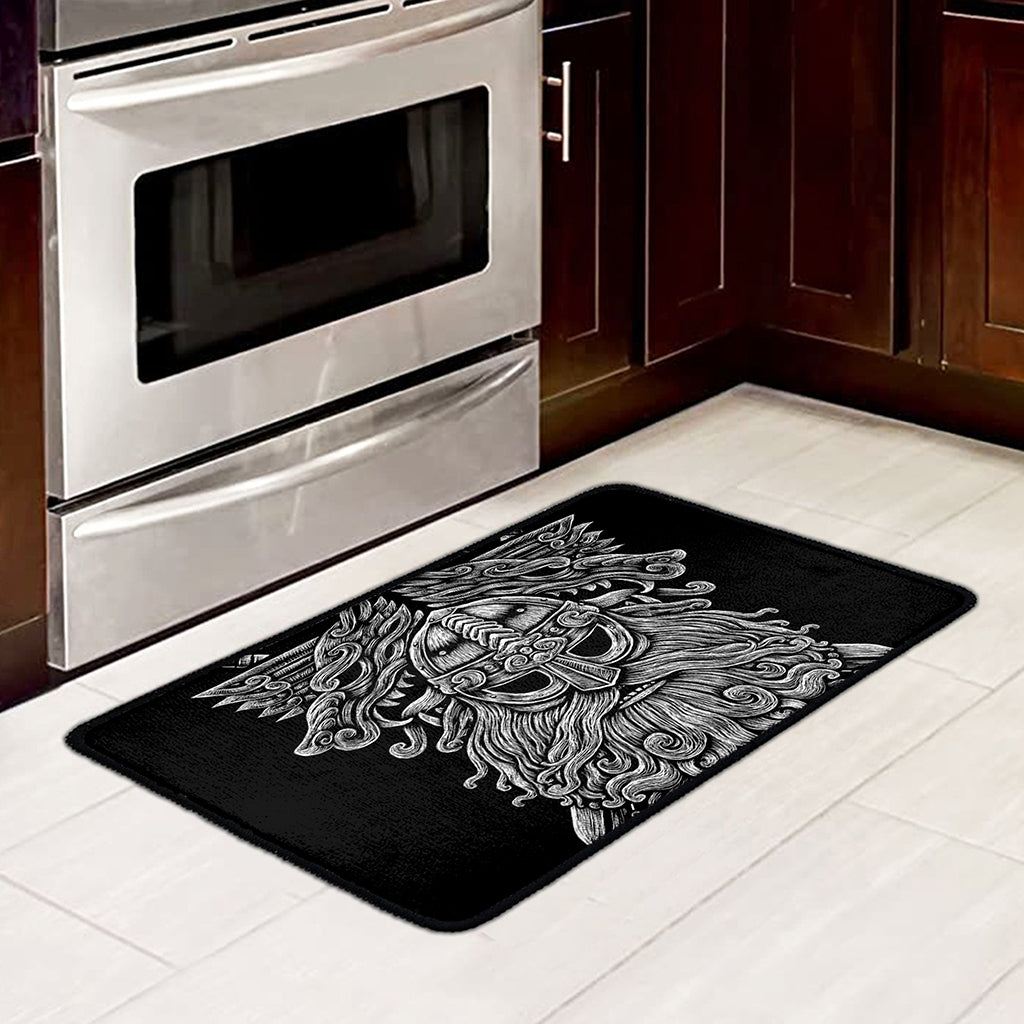 Black And White Odin With Wolfs Print Kitchen Mat
