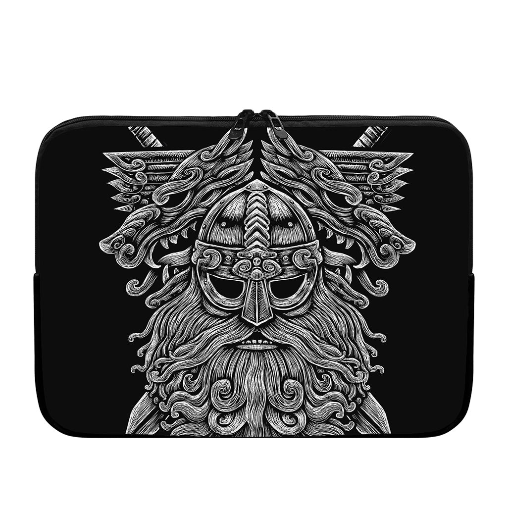Black And White Odin With Wolfs Print Laptop Sleeve