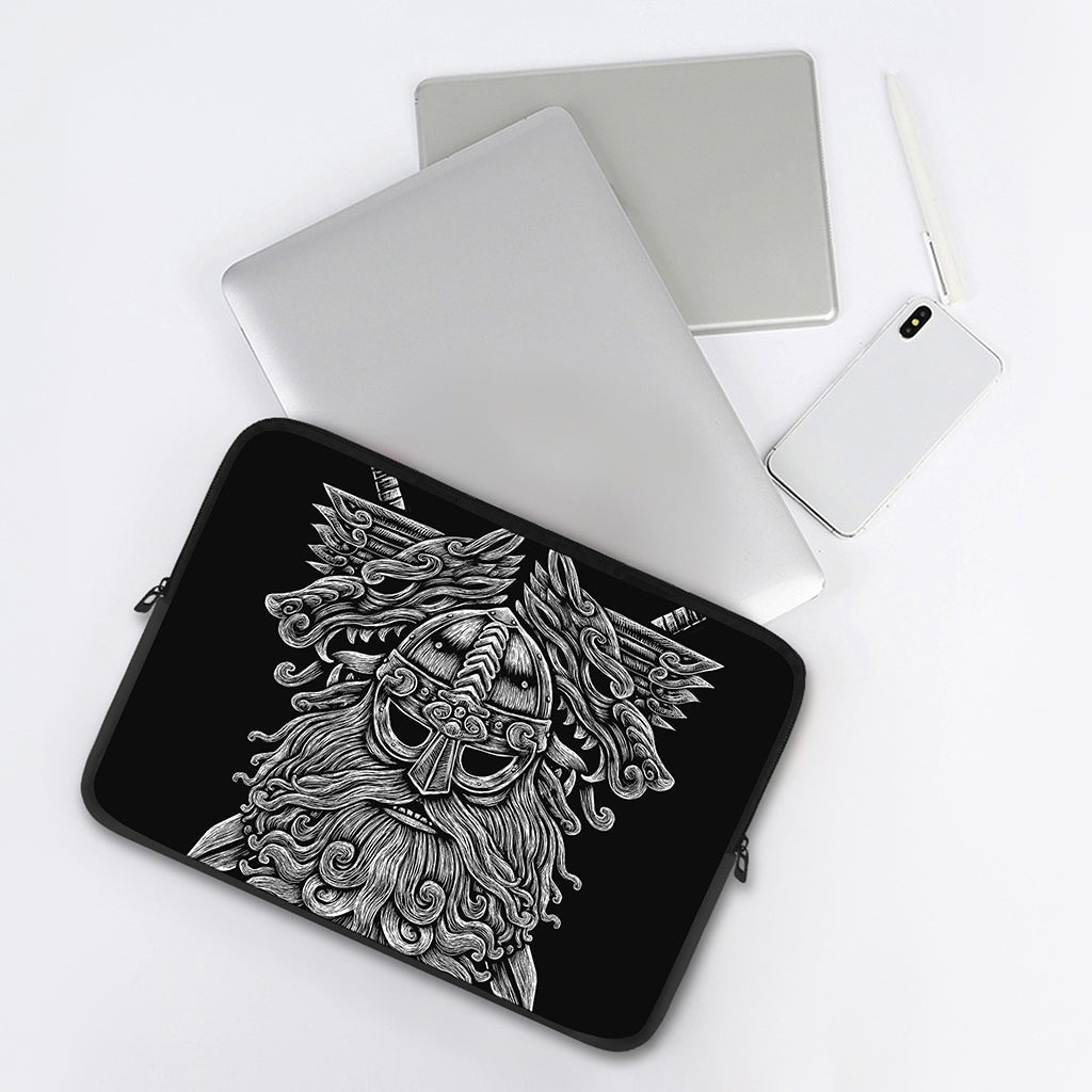 Black And White Odin With Wolfs Print Laptop Sleeve