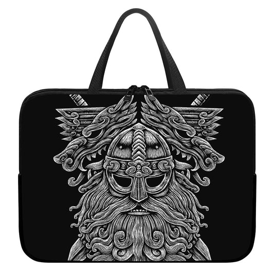 Black And White Odin With Wolfs Print Laptop Sleeve With Handle