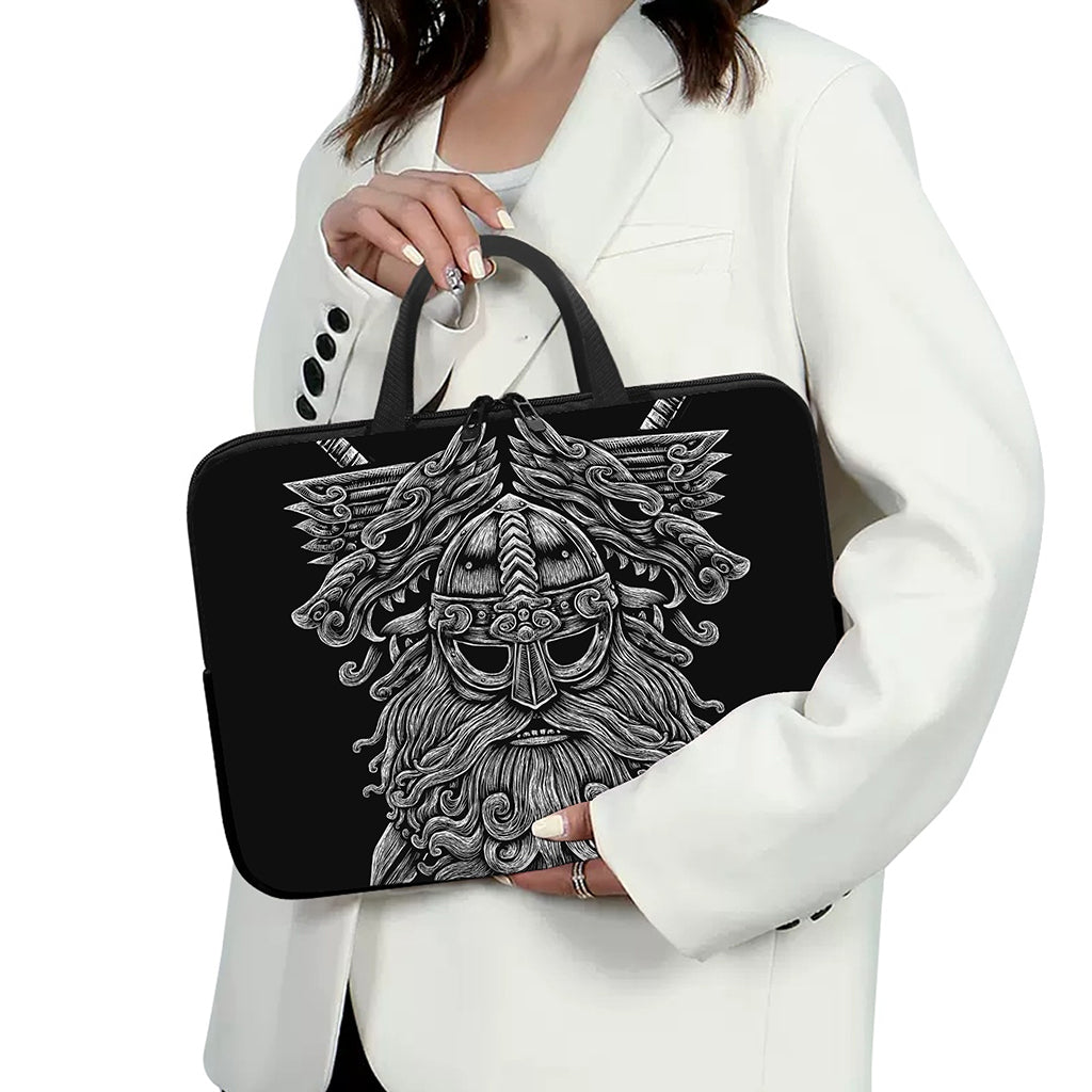 Black And White Odin With Wolfs Print Laptop Sleeve With Handle