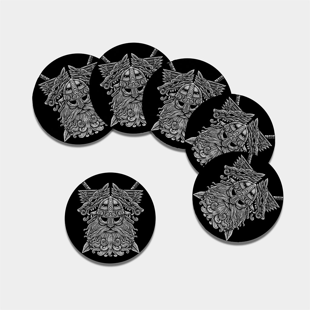 Black And White Odin With Wolfs Print Leather Coaster Set