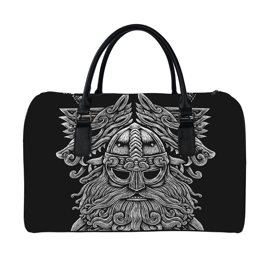 Black And White Odin With Wolfs Print Leather Duffle Bag