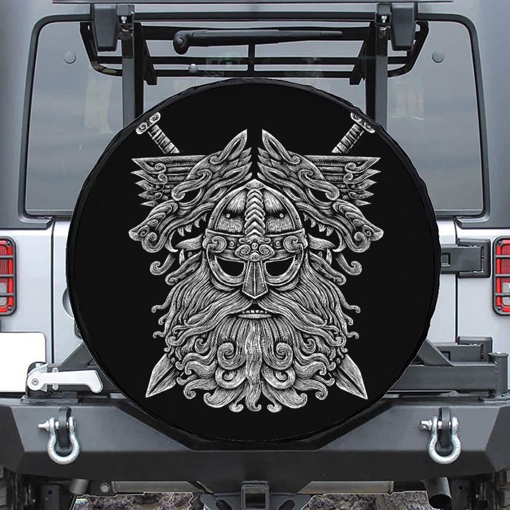 Black And White Odin With Wolfs Print Leather Spare Tire Cover