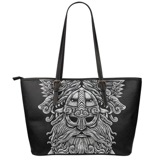 Black And White Odin With Wolfs Print Leather Tote Bag