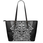 Black And White Odin With Wolfs Print Leather Tote Bag