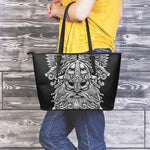 Black And White Odin With Wolfs Print Leather Tote Bag
