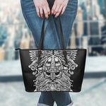 Black And White Odin With Wolfs Print Leather Tote Bag