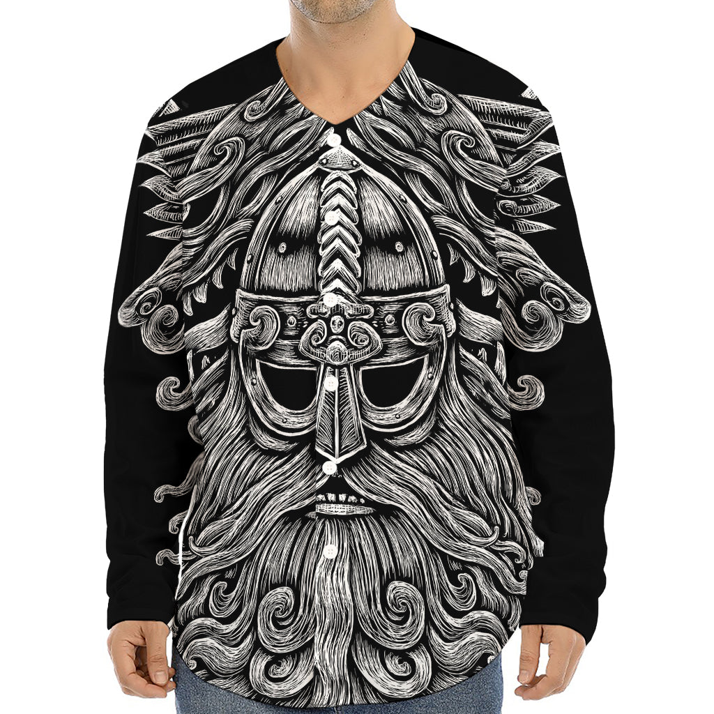 Black And White Odin With Wolfs Print Long Sleeve Baseball Jersey