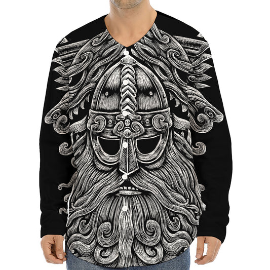 Black And White Odin With Wolfs Print Long Sleeve Baseball Jersey