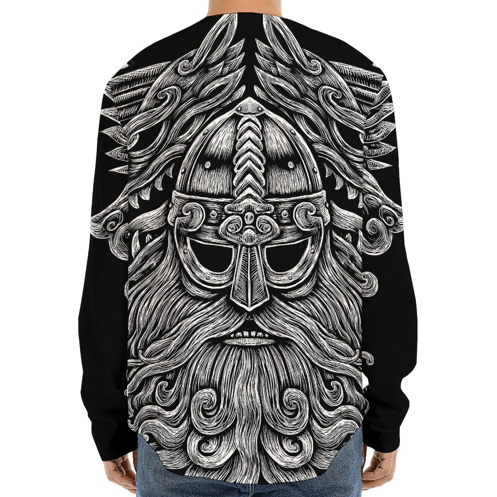 Black And White Odin With Wolfs Print Long Sleeve Baseball Jersey