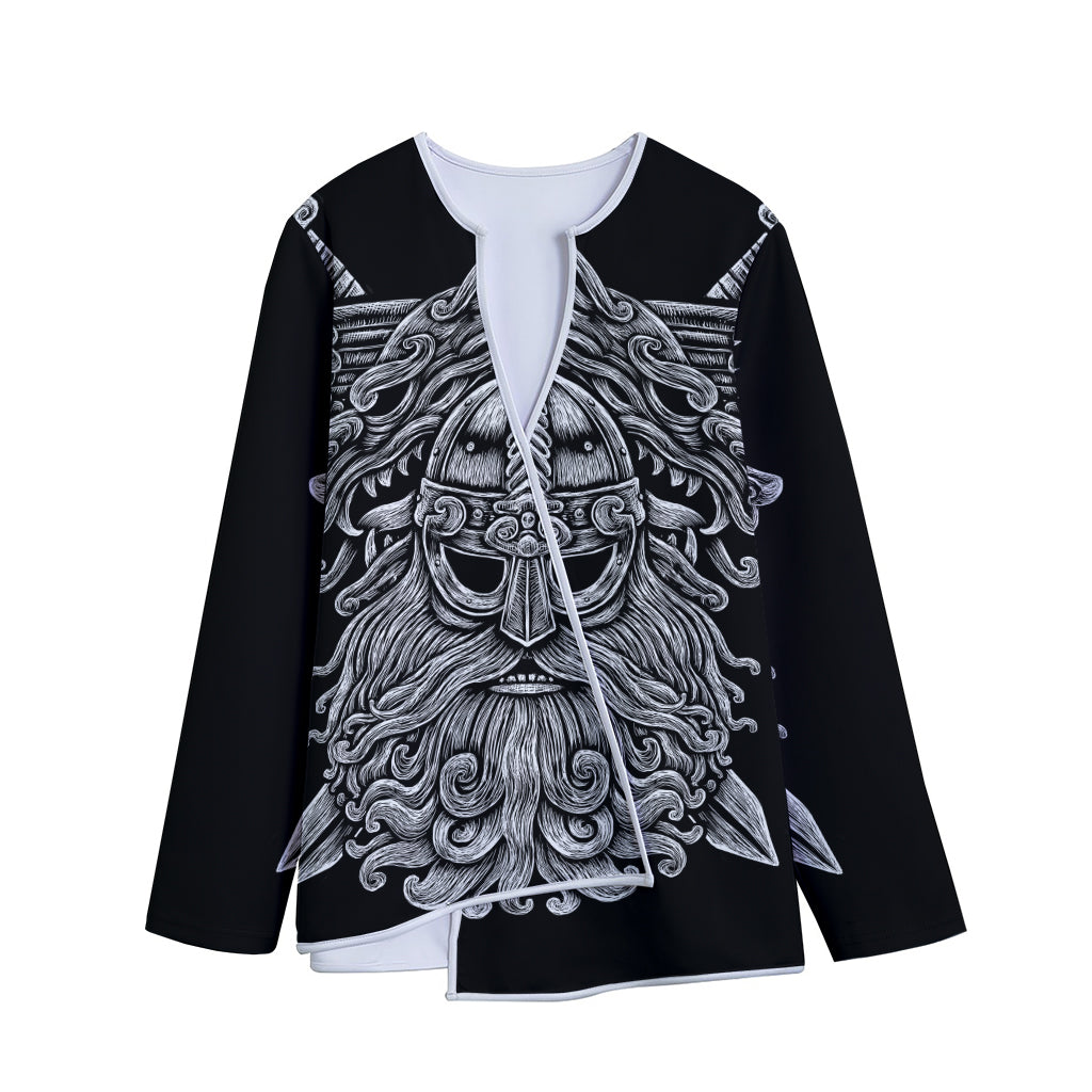 Black And White Odin With Wolfs Print Long Sleeve Short Coat