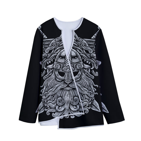 Black And White Odin With Wolfs Print Long Sleeve Short Coat