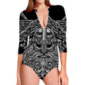 Black And White Odin With Wolfs Print Long Sleeve Swimsuit