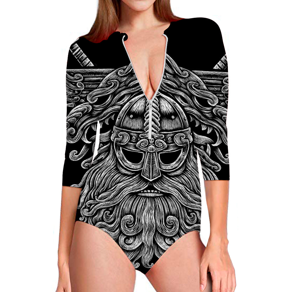 Black And White Odin With Wolfs Print Long Sleeve Swimsuit
