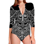 Black And White Odin With Wolfs Print Long Sleeve Swimsuit
