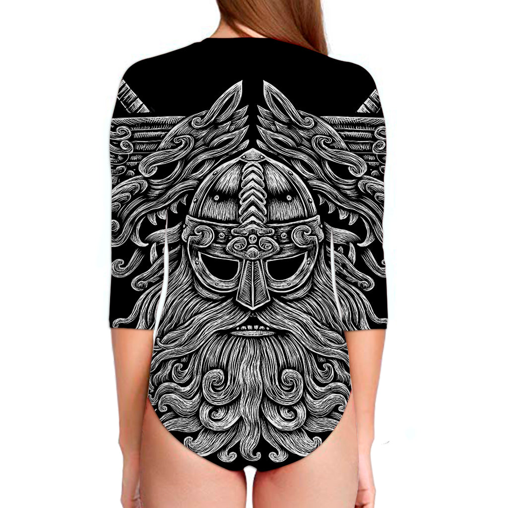 Black And White Odin With Wolfs Print Long Sleeve Swimsuit