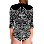 Black And White Odin With Wolfs Print Long Sleeve Swimsuit