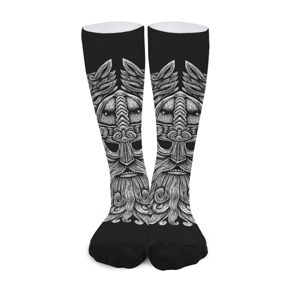 Black And White Odin With Wolfs Print Long Socks