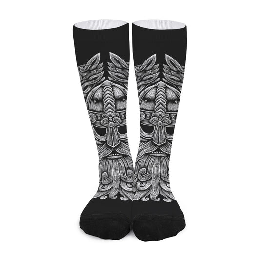 Black And White Odin With Wolfs Print Long Socks