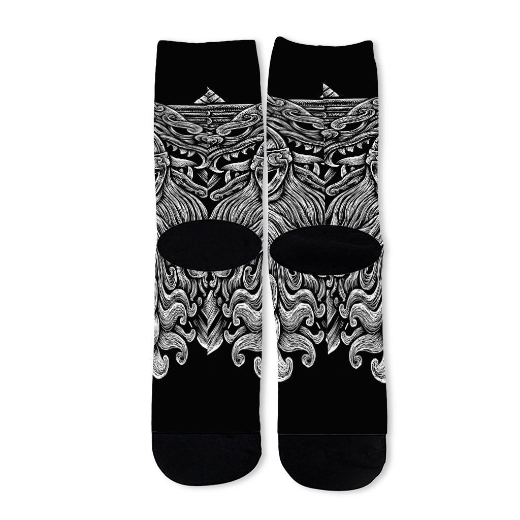 Black And White Odin With Wolfs Print Long Socks