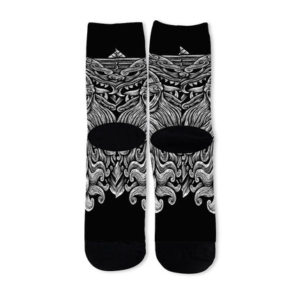 Black And White Odin With Wolfs Print Long Socks
